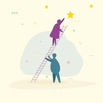 Person climbing ladder to rich stars in the sky. Women and man working together. Abstract human drawings. Trendy vector illustration. Abstract bubble rounded characters reaching for the stars.