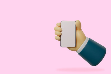 Hands Gesture 3D cartoon style.Hand using mobile phone mockup. isolated on pink background.3drendering
