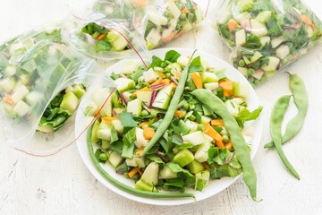 Homemade freezing vegetables in a freezer bag.