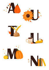 Autumn illustration showing fall decorations, pumpkins, leaves, and books. Vector template for postcard, poster, poster, flyer, web design and typography.