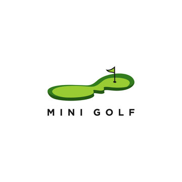 Mini Golf course green with flag or flagstick and golf ball flat vector color icon for sports apps and websites