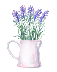 watercolor image of a bouquet of lavender in a white and pink jug