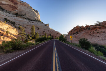 Scenic Road in American Mountain Landscape. Sunny Morning Sunrise Sky. Zion National Park, Utah, United States of America. Adventure Travel