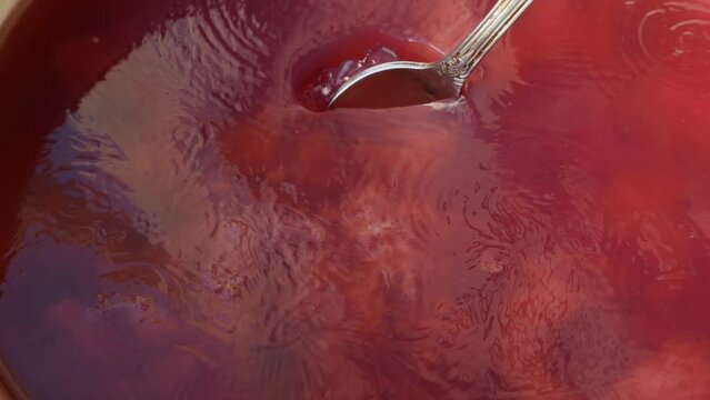 eating berry jam by spoon, different berry in red transparent jelly, Tasty Strawberries in jelly background