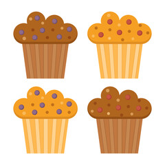 Set of muffins color vector icons with berry. Flat cupcakes illustration. Cake desserts design.