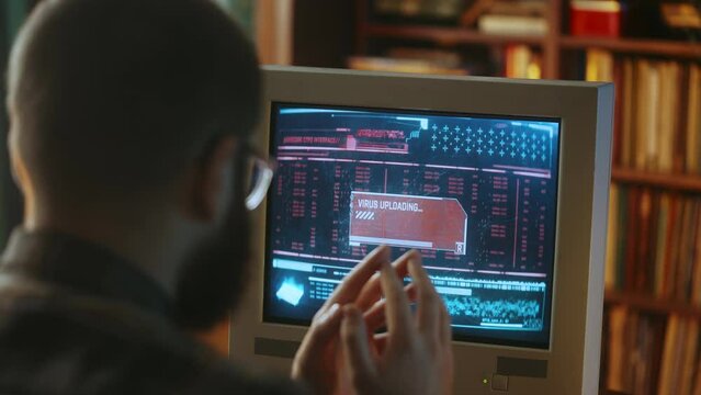 Hacker watching virus loading process on retro desktop pc, cyber crime in 1990s