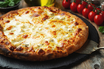 A slice of hot Italian pizza with stretching cheese. Pizza four cheeses with basil.