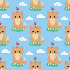 Seamless pattern with a cute cat, clouds, butterfly, grass. Print for fabric, textile, paper Vector Illustration.