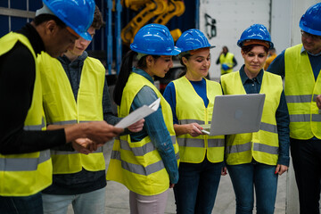Group of engineers reviewing data on robotics machines