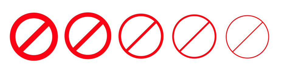 Prohibition sign. Simple red icons of different thicknesses. Stop. Hazard warning. Movement is prohibited, road sign. Circled symbols for safety. Vector illustration
