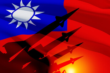 The missiles are aimed with Taiwan flag. Nuclear bomb, chemical weapons, missile defense, a system of salvo fire. 3d-rendering.