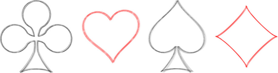 Sketch of playing card suits. Poker card suits. Card icons - hearts, clubs, spades and diamonds. Vector illustration isolated on white background. Casino icons - hearts, clubs, spades and diamonds. 
