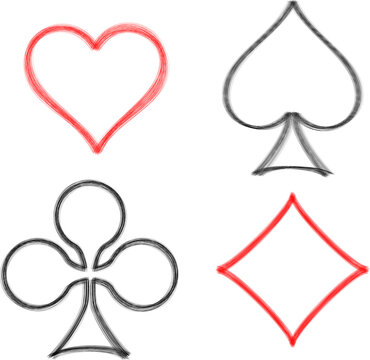 Sketch of playing card suits. Poker card suits. Card icons - hearts, clubs, spades and diamonds. Vector illustration isolated on white background. Casino icons - hearts, clubs, spades and diamonds. 