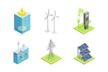 Ecology and Environment Protection and Conservation with Solar Panel, Wind Generator and Electric Charge Stand Isometric Vector Set