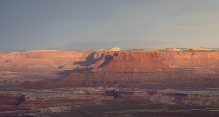 Scenic American Landscape and Red Rock Mountains in Desert Canyon. Spring Season. Canyonlands...