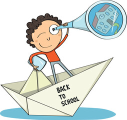 Boy getting ready to go back to school in a paper boat with a spyglass