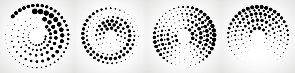 Vector set of halftone dotted background in circle form. Circle dots isolated on the white background