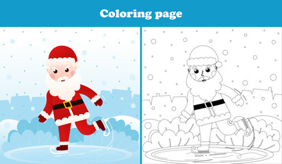 Christmas coloring page with santa claus character ice skating, printable worksheet for kid in cartoon style, winter holidays activity