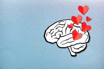 Red hearts fly out of the brain. Humans love concept