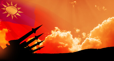 The missiles are aimed at the sky at sunset with Taiwan flag. Nuclear bomb, chemical weapons,...
