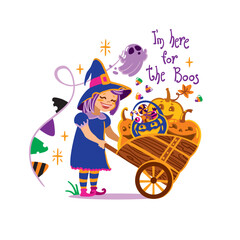 Little girl in a witch costume carries a cart with pumpkins. Halloween illustration.