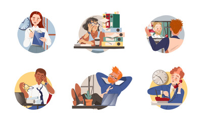 Man and Woman Office Worker at Workspace Performing Duties Circle Composition Vector Set