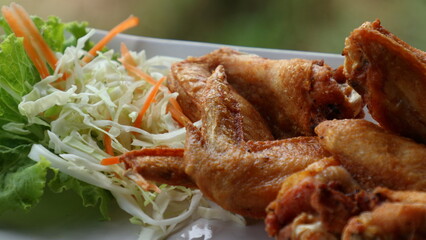 fried chicken on vegetable background in white plate