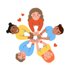 Friends holding hands in friendship bracelets. International Friendship Day vector illustration. People stand in a circle