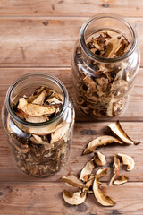 Dried mushrooms. Mushrooms in jar on the wooden table