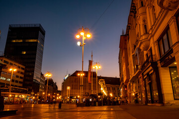 Nightfall over Zagreb city, on the main city square