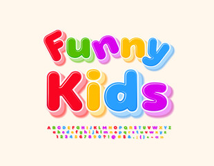 Fototapeta na wymiar Vector happy Banner Funny Kids. Bright colorful 3D Font. Artistic Alphabet Letters and Numbers