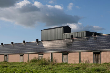 Solar panels mounted on the roof of a stable at a farm in Lemmer, Friesland, Netherlands with sun and blue cloudy sky. Sustainable energy, electric power generation - Powered by Adobe
