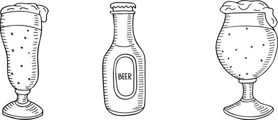 Hand drawn beer bottle and glass icon set. Vector illustration, doodle style.