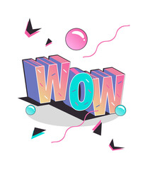 Volumetric multi-colored inscription WOW in retro style on a white background