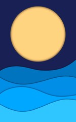 Paper cutout design. Raising moon and weavy sea in night time.
