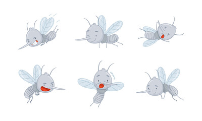 Cute Cartoon Mosquito Character as Small Flying Gnat with Proboscis Vector Set