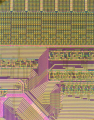 A scan from an electron microscope of an integrated circuit on a wafer used in quality control and inspection in manufacturing of IC’s