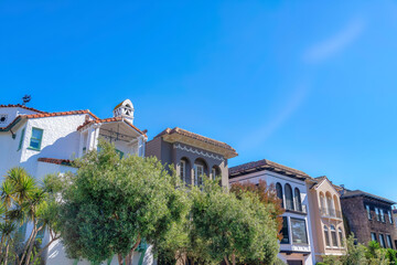 Fototapeta na wymiar Trees at the front of mediterranean houses in a row at San Francisco, CA