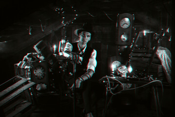 Cosplay steampunk men in bowler hat with a cane. Black and white 3d virtual reality concept with glitch effect