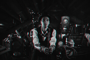 Fototapeta na wymiar Cosplay steampunk men in bowler hat with a cane. Black and white 3d virtual reality concept with glitch effect