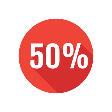 Discount, fifty percent flat icon, round button, long shadow style.