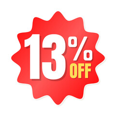 13% percent off(offer), shop now, red and yellow 3D super discount sticker, sale. vector illustration, Thirteen 