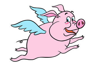 Pink cartoon pig. Vector image of a cheerful pink pig with blue wings isolated on white. Pigs Do Fly.
