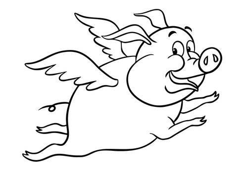 Vector outline image of a cheerful pig with wings isolated on white. Cartoon little pig.