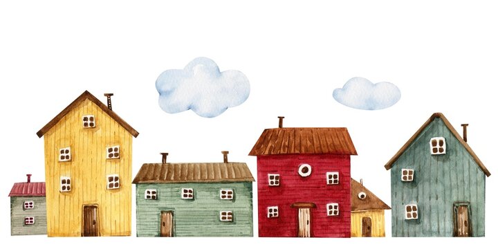 multicolored wooden houses in cartoon style, watercolor illustration.