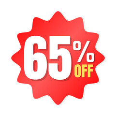 65% percent off(offer), shop now, red and yellow 3D super discount sticker, sale. vector illustration, Sixty-five 