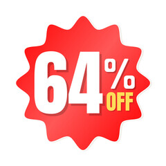 64% percent off(offer), shop now, red and yellow 3D super discount sticker, sale. vector illustration, Sixty four 