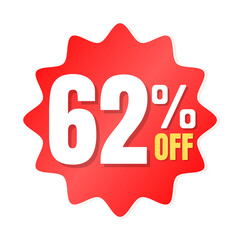 62% percent off(offer), shop now, red and yellow 3D super discount sticker, sale. vector illustration, Sixty two 