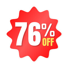 76% percent off(offer), shop now, red and yellow 3D super discount sticker, sale. vector illustration, Seventy-six