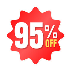 95% percent off(offer), shop now, red and yellow 3D super discount sticker, sale. vector illustration, Ninety five 